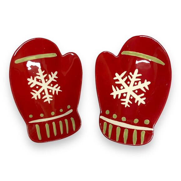 Hallmark Dining Christmas Mittens Serving Dishes Red Snowflakes Ceramic - Picture 1 of 4